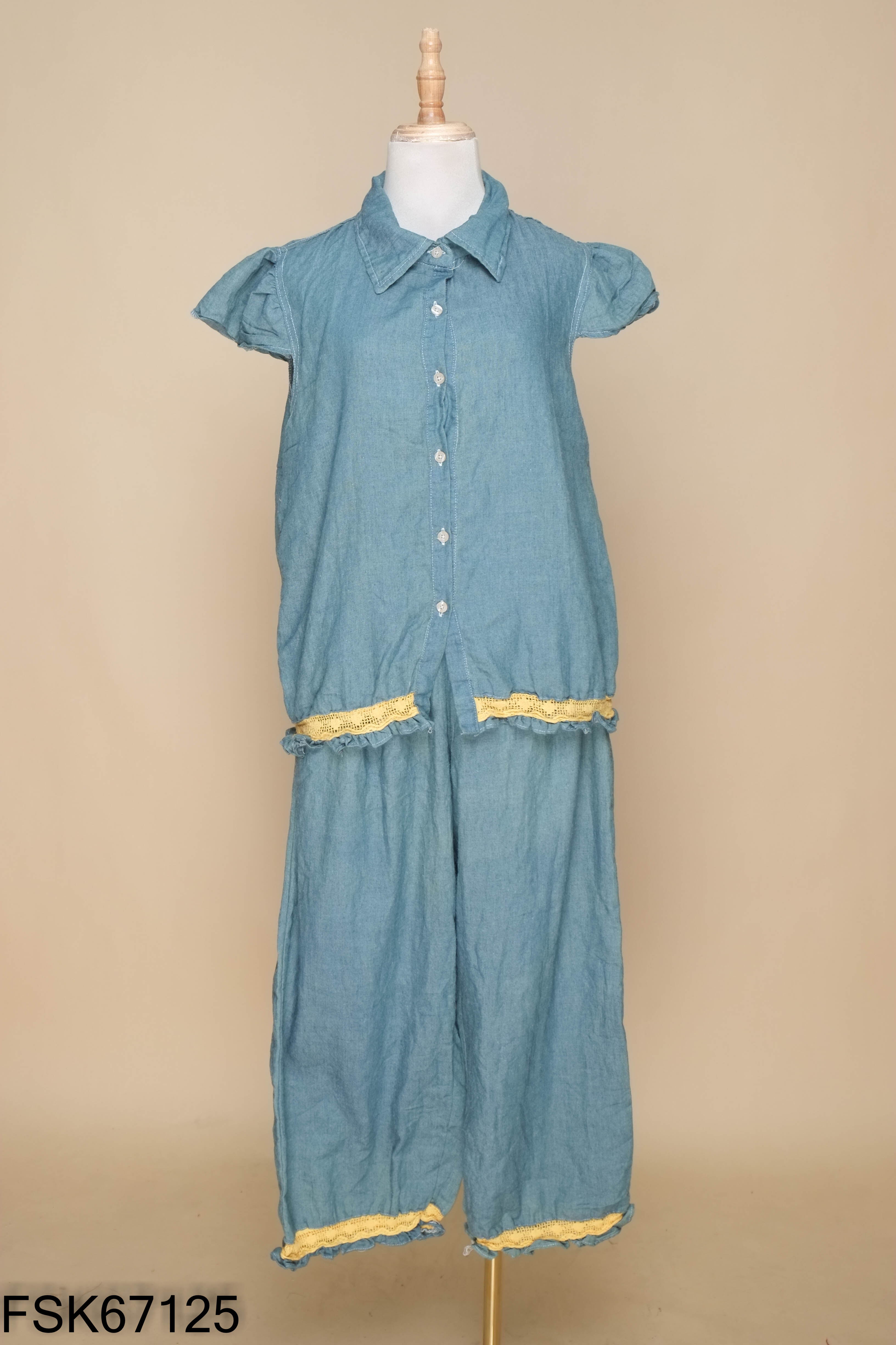 Set Áo giả jeans xanh viền be + quần dài