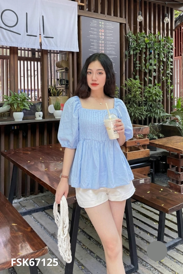 Áo xanh gấp ly tay phồng