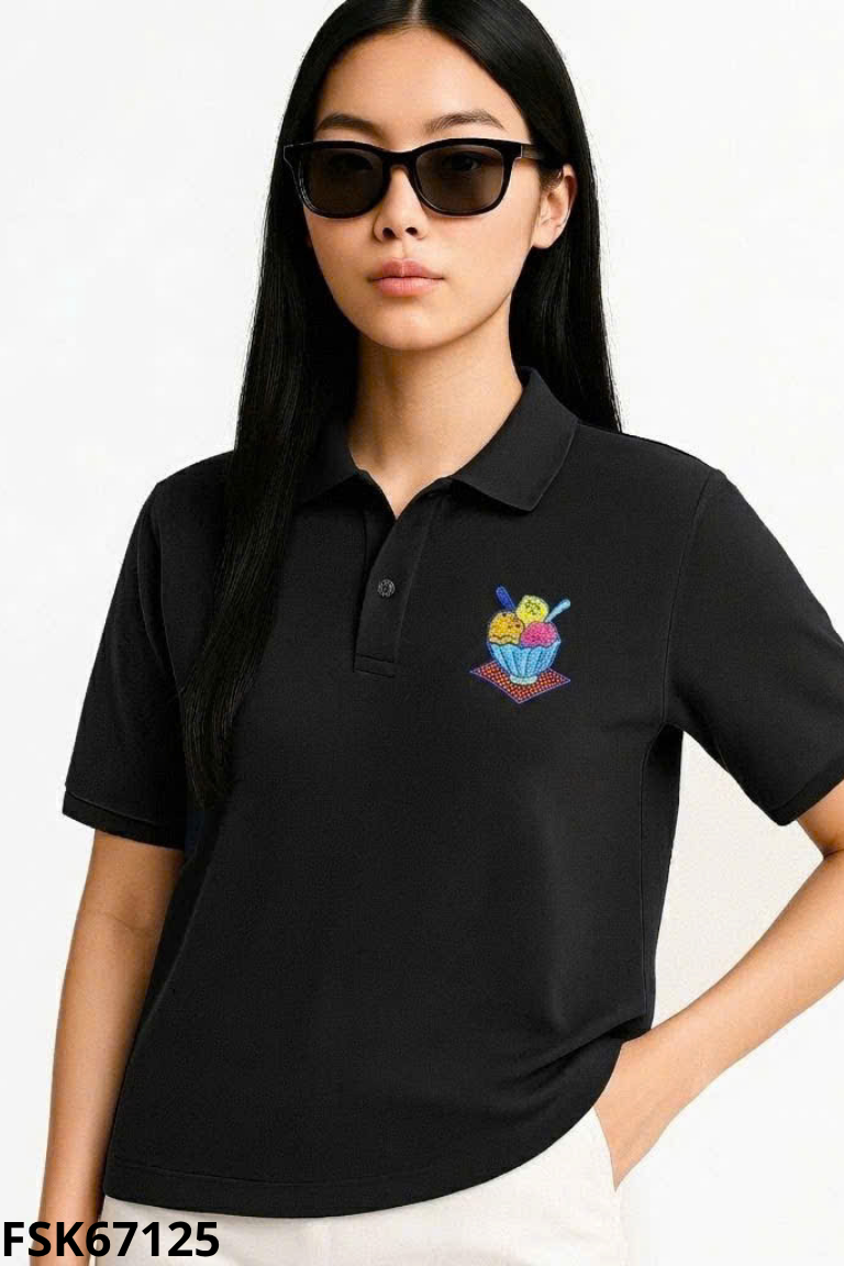 Áo polo đen thêu hình