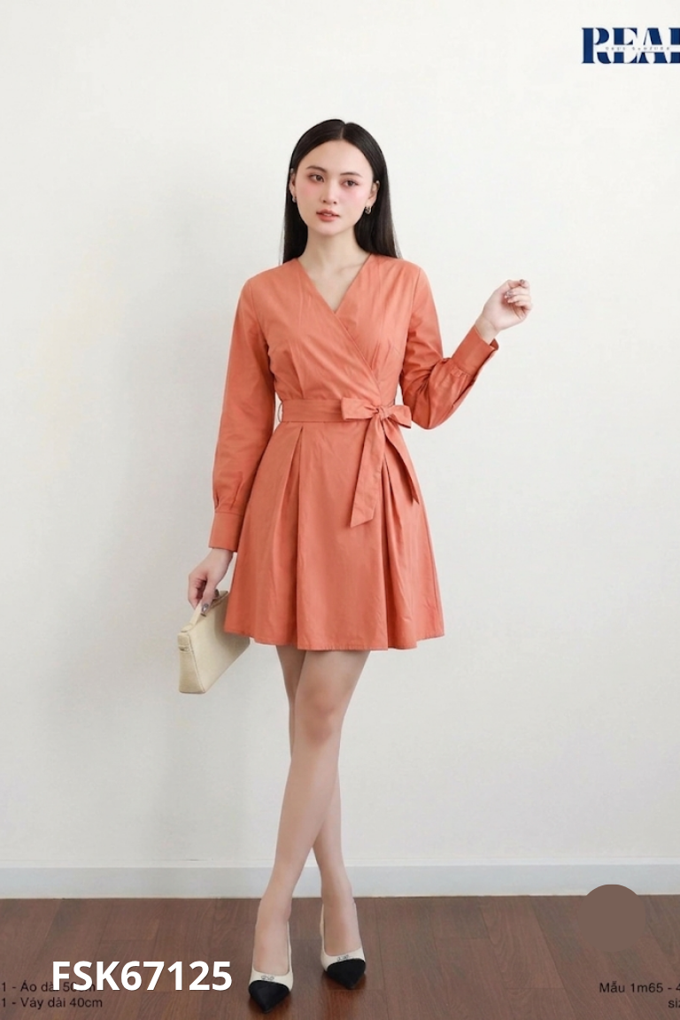 NEWTAG Váy cam cổ V dài tay