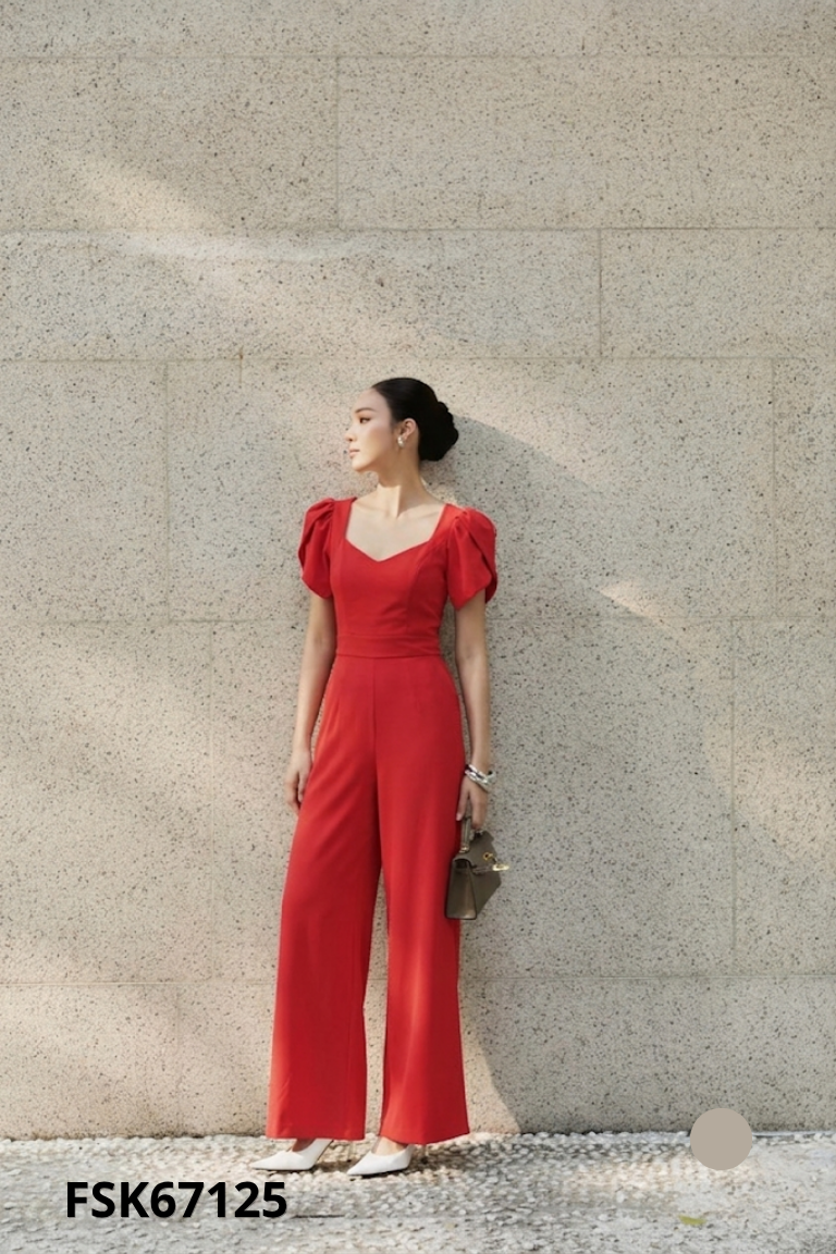 Jumpsuits đỏ cổ vuông quần dài