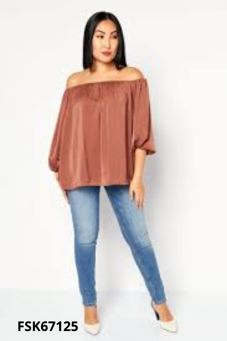 Áo ONLY lụa nâu trễ vai