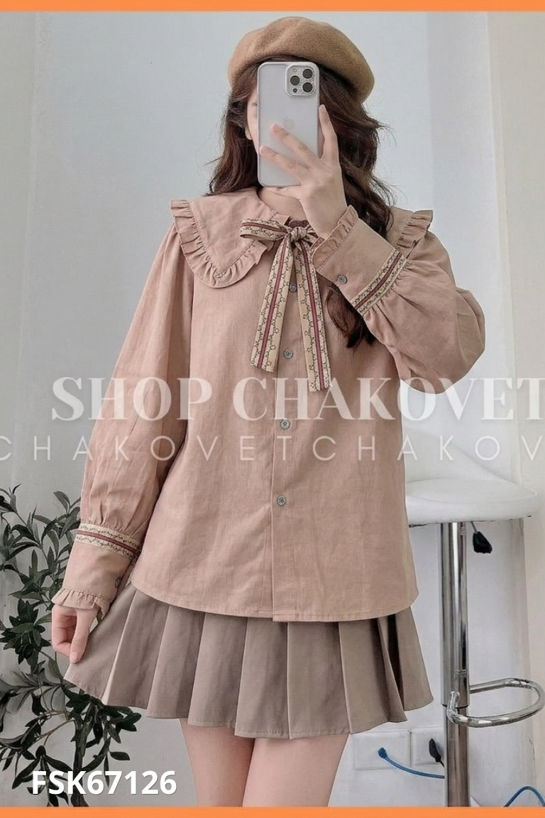Áo sơ mi hồng nâu cổ bèo