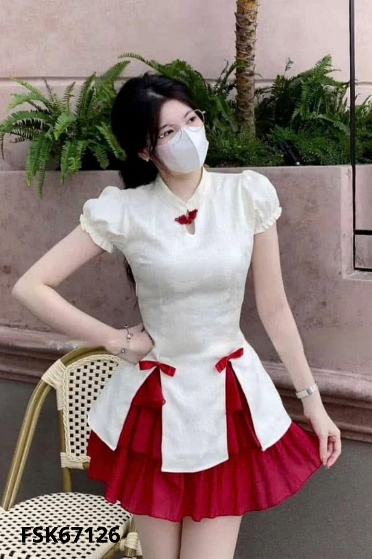 SET áo kem cổ tàu thêu bướm+ chân váy đỏ