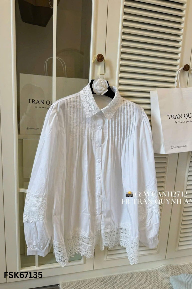 NEWTAG Áo trắng thô mềm viền ren