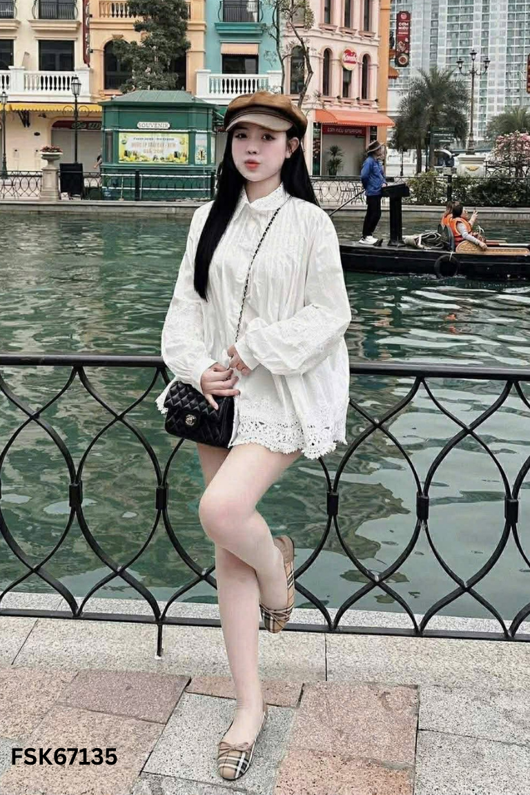 NEWTAG Áo trắng thô mềm viền ren