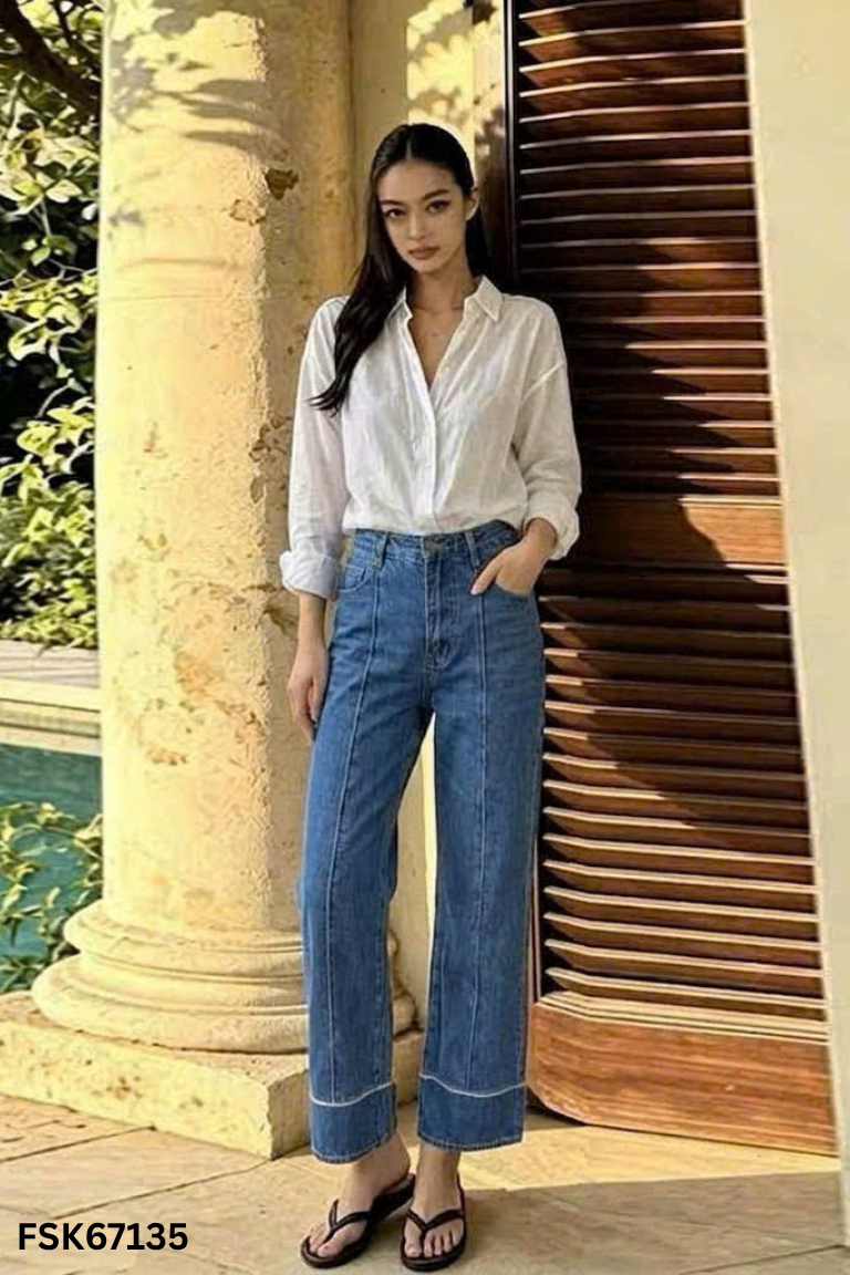 Quần jeans xanh thêu chỉ ống rộng
