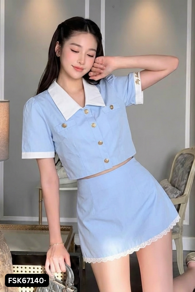 Áo sơ mi xanh cổ kem