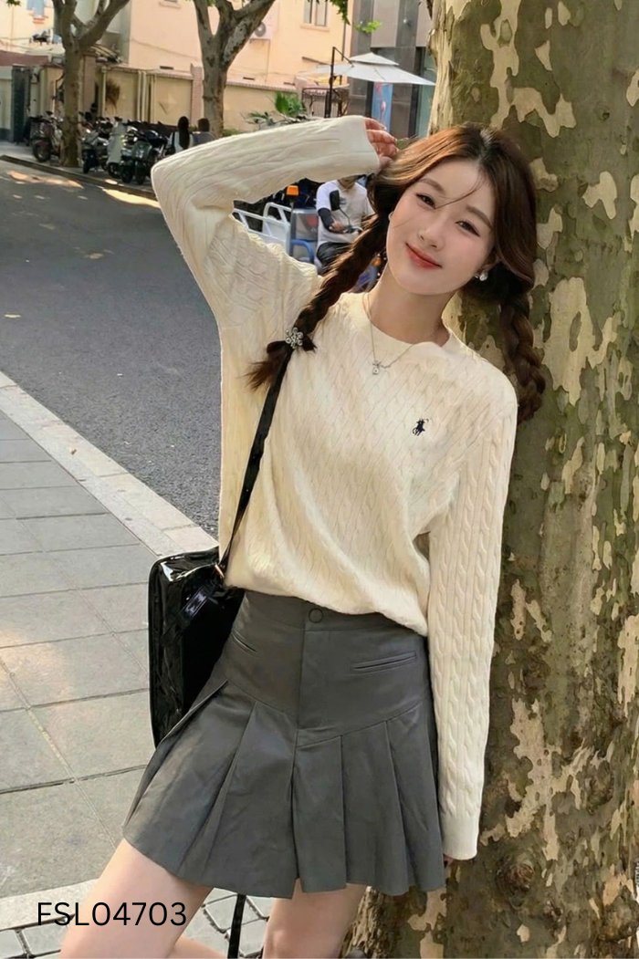 Chân váy da ghi xếp ly