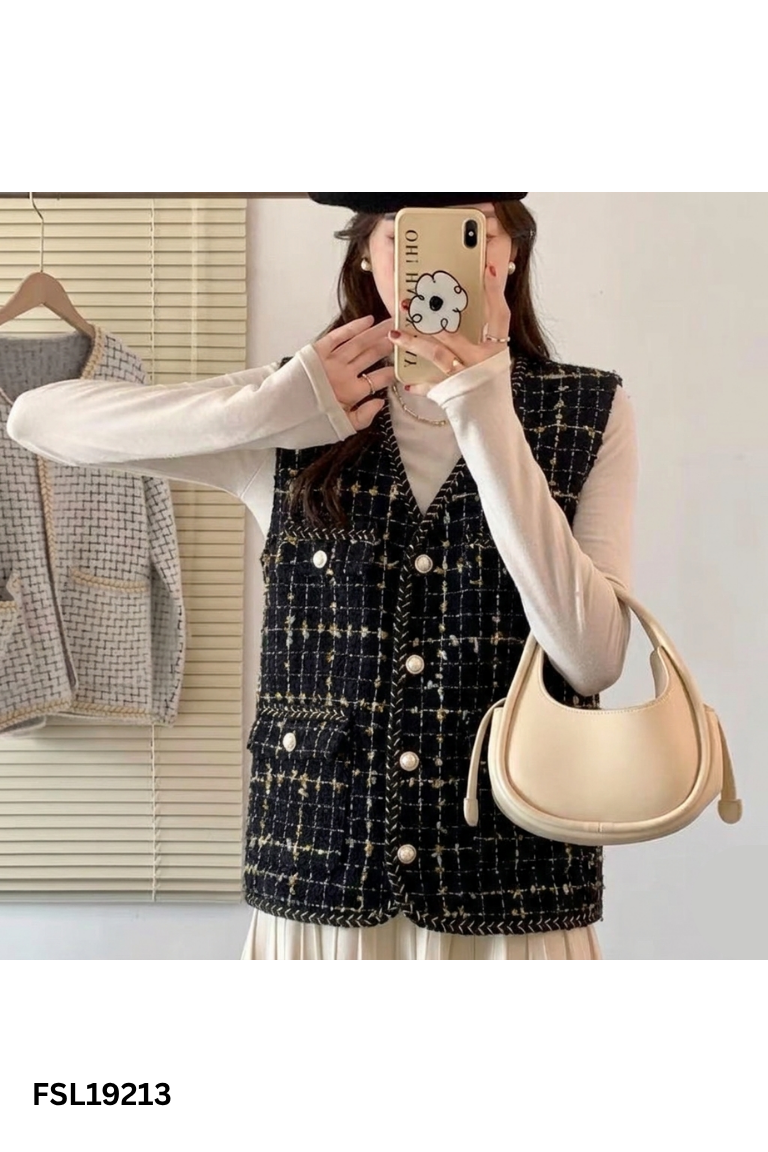Áo gile dạ đen kẻ vàng
