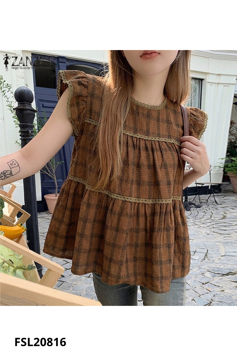 Áo babydoll nâu caro viền ren