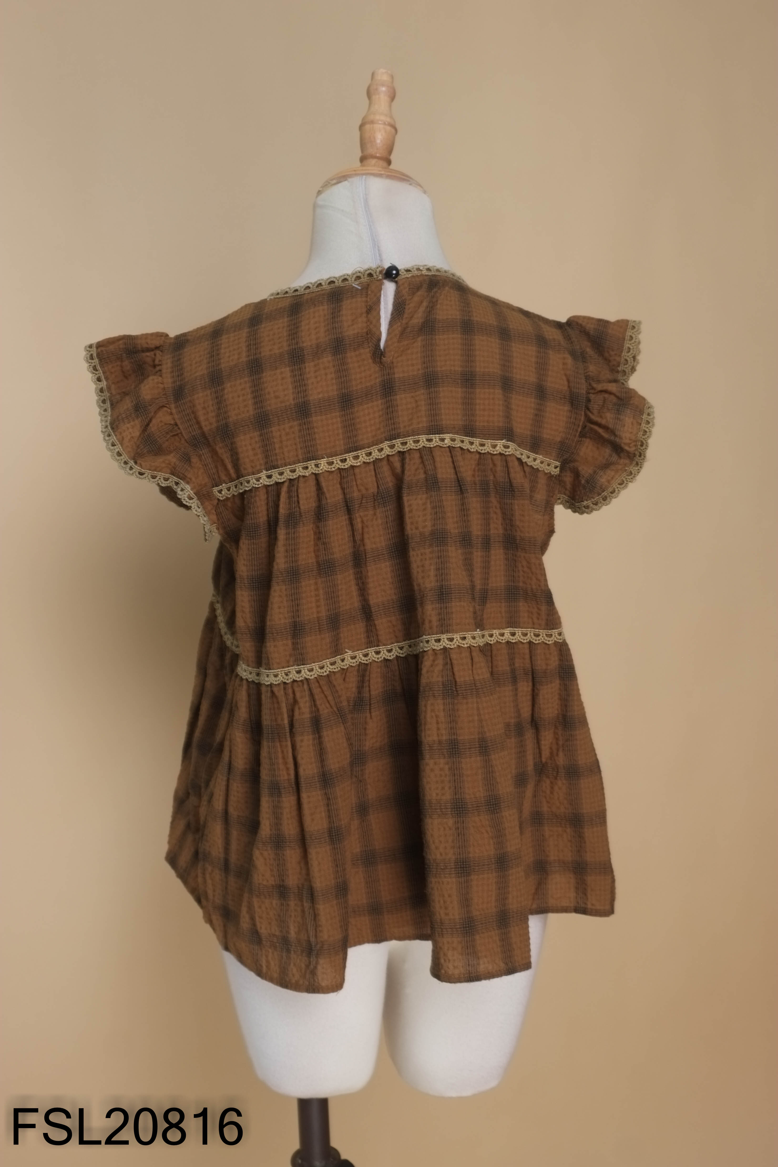 Áo babydoll nâu caro viền ren
