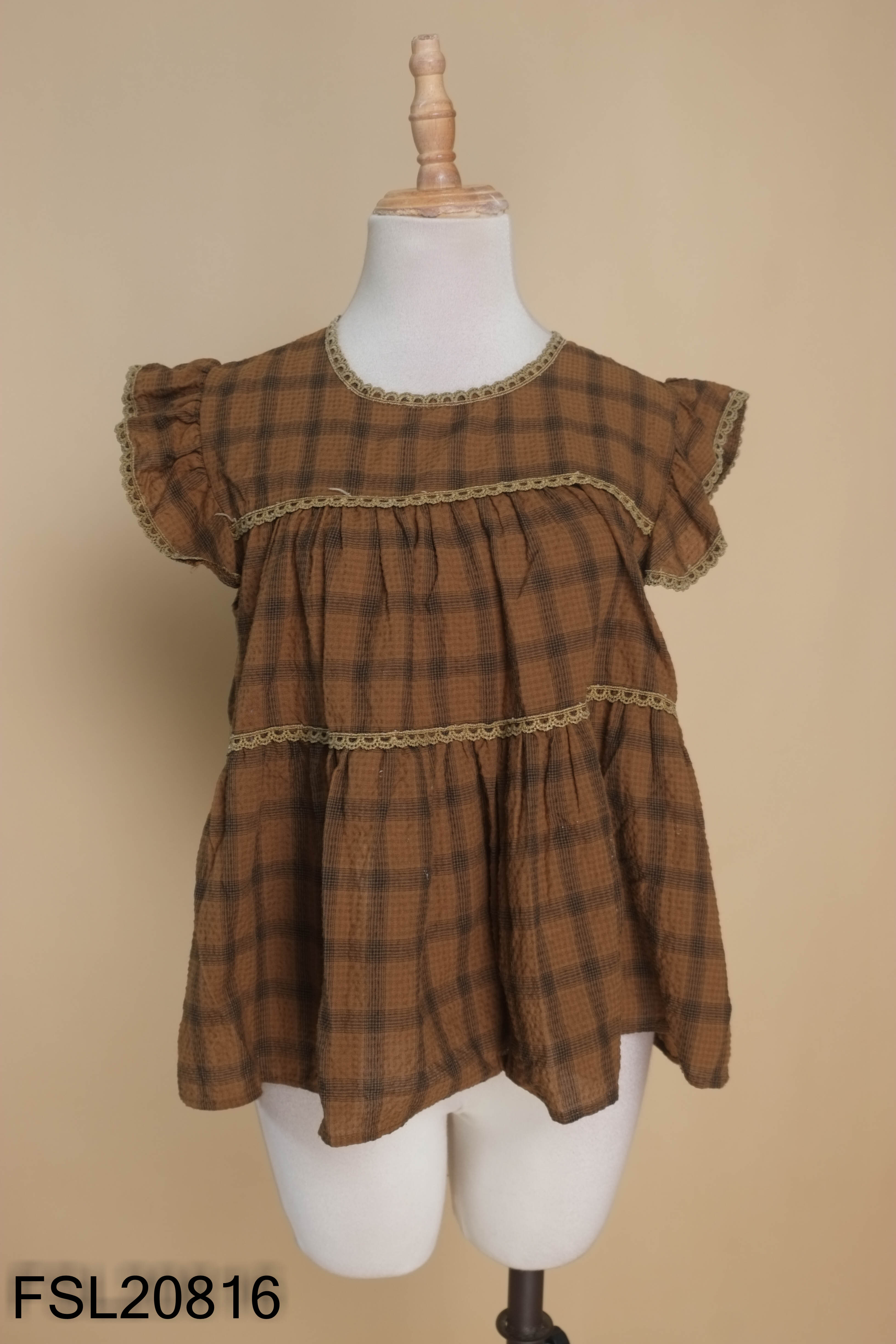 Áo babydoll nâu caro viền ren