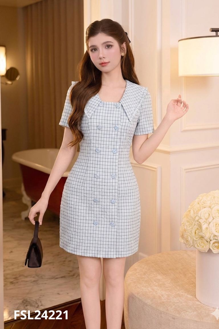 NEWTAG Váy trắng kẻ xanh phối cúc