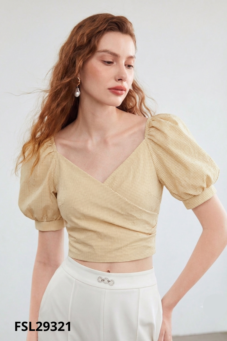 Áo kiểu vàng MAY LOVES kẻ ô