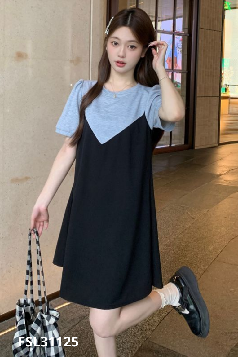 Váy suông đen phối tay ghi
