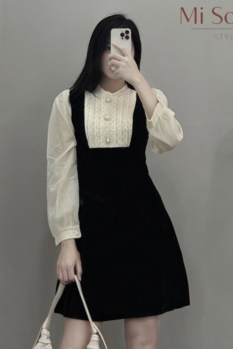 Váy nhung đen tay voan MI SOUL