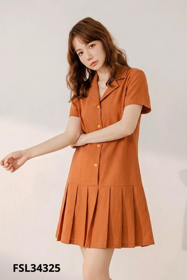 Váy sơ mi nâu phối xếp li