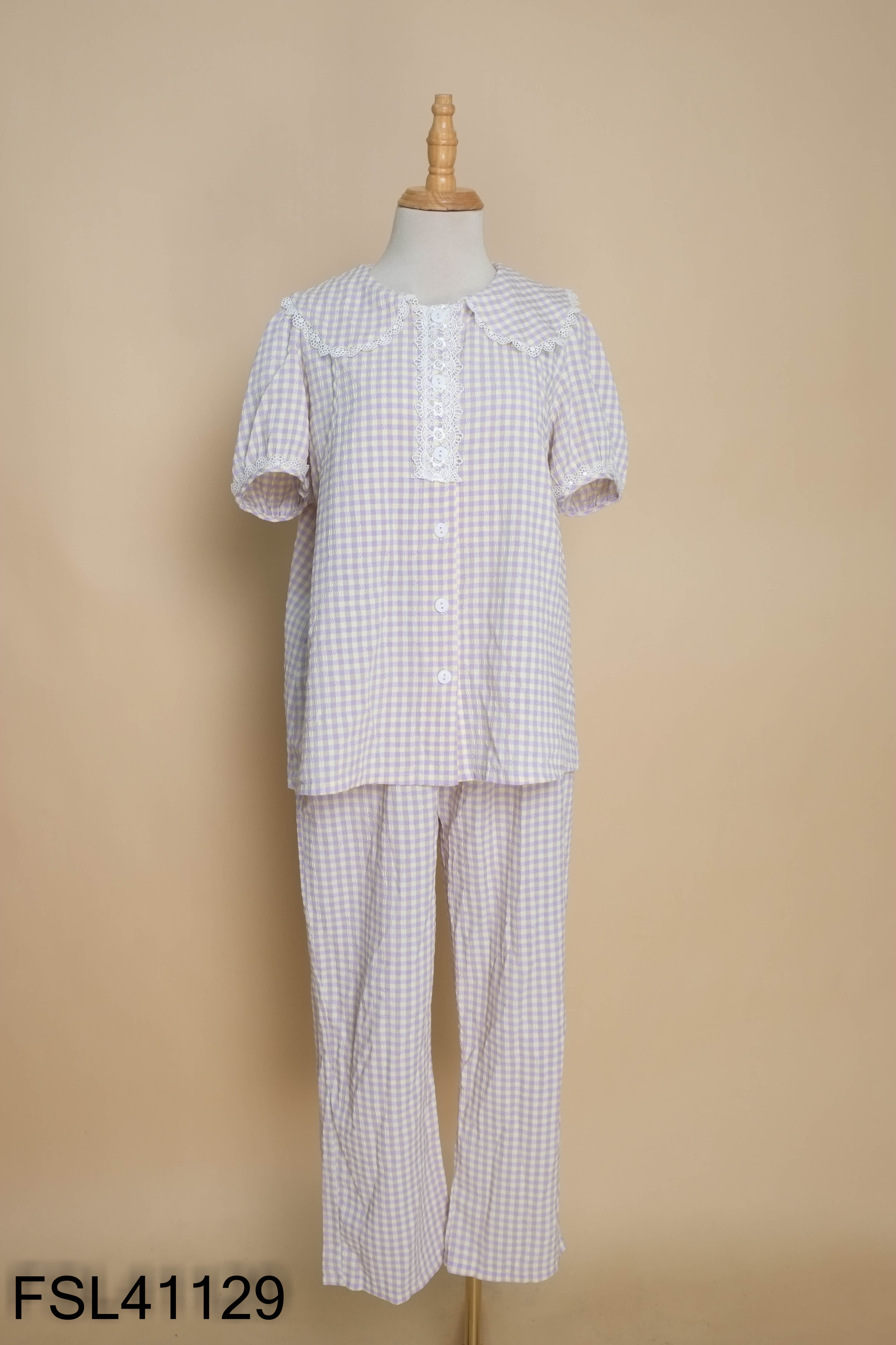 Set áo + quần dài tím caro vàng