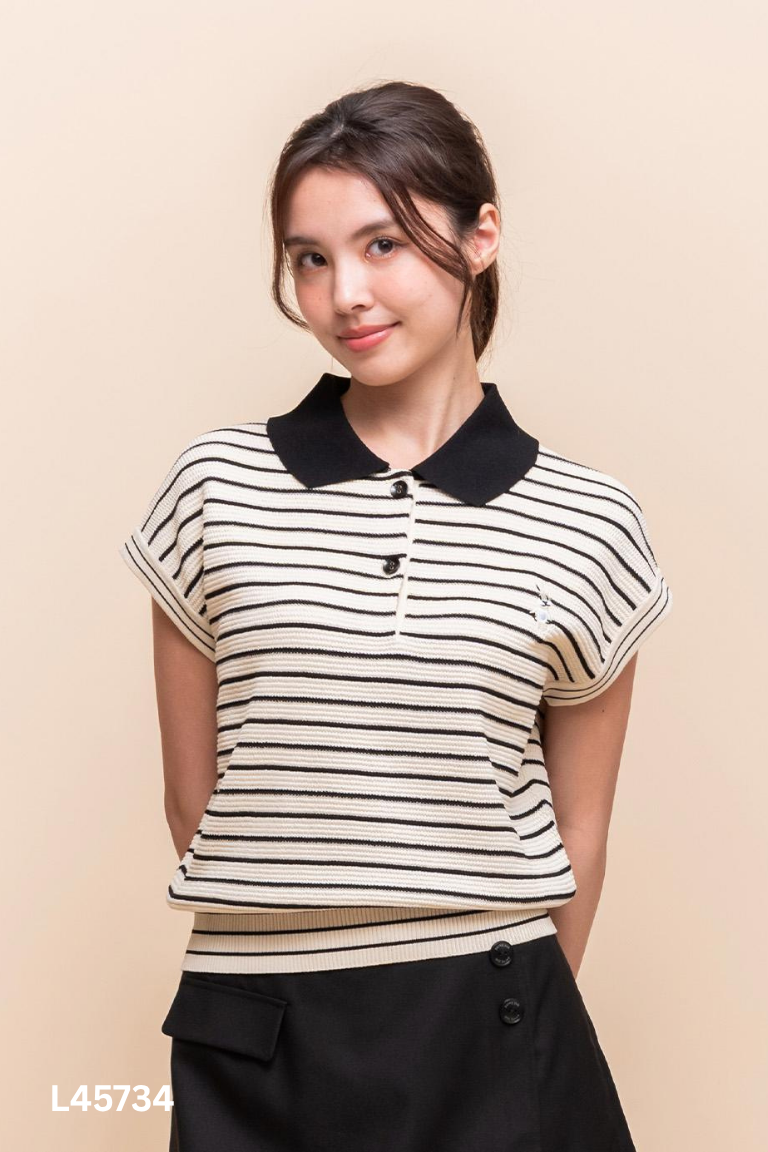 Áo trắng len mongtoghi polo kẻ đen