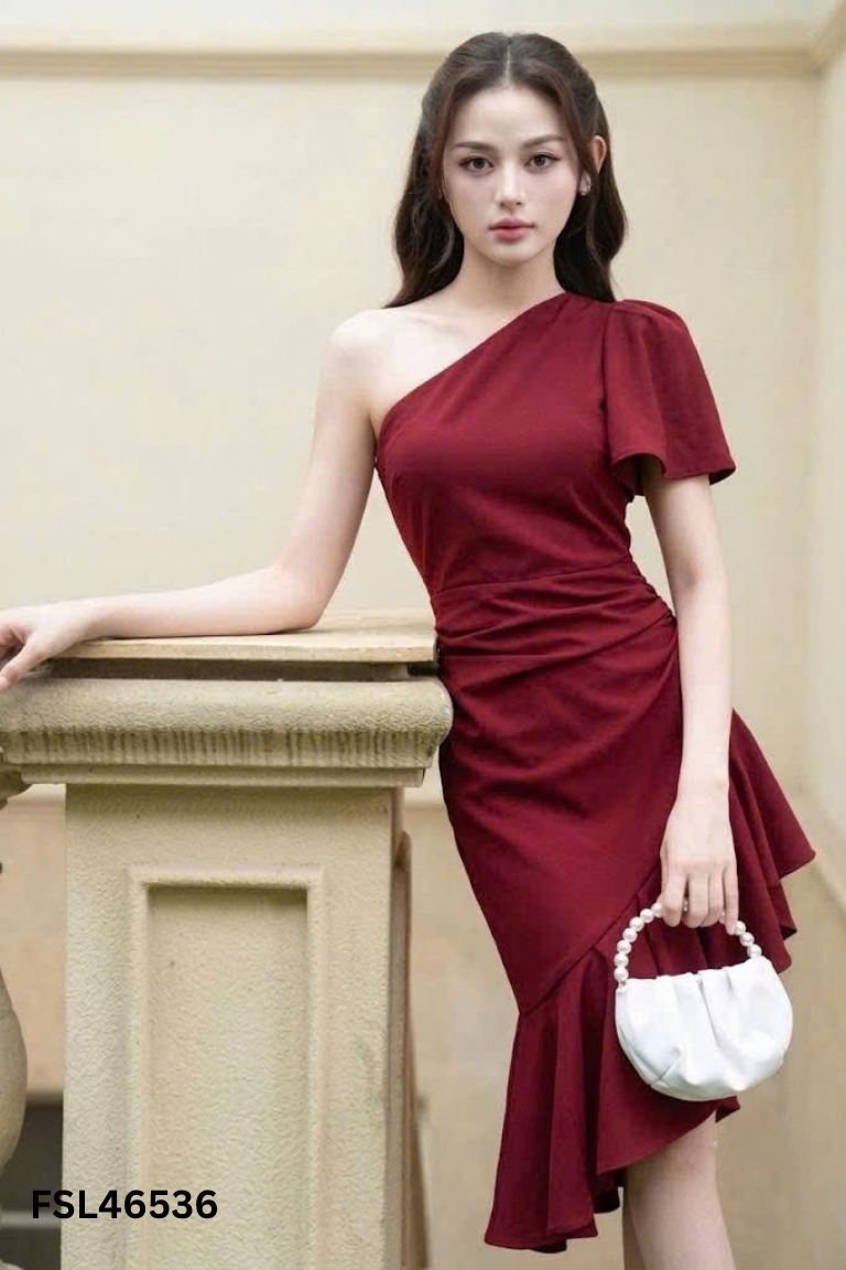 Váy JENY DESIGN đỏ lệch vai