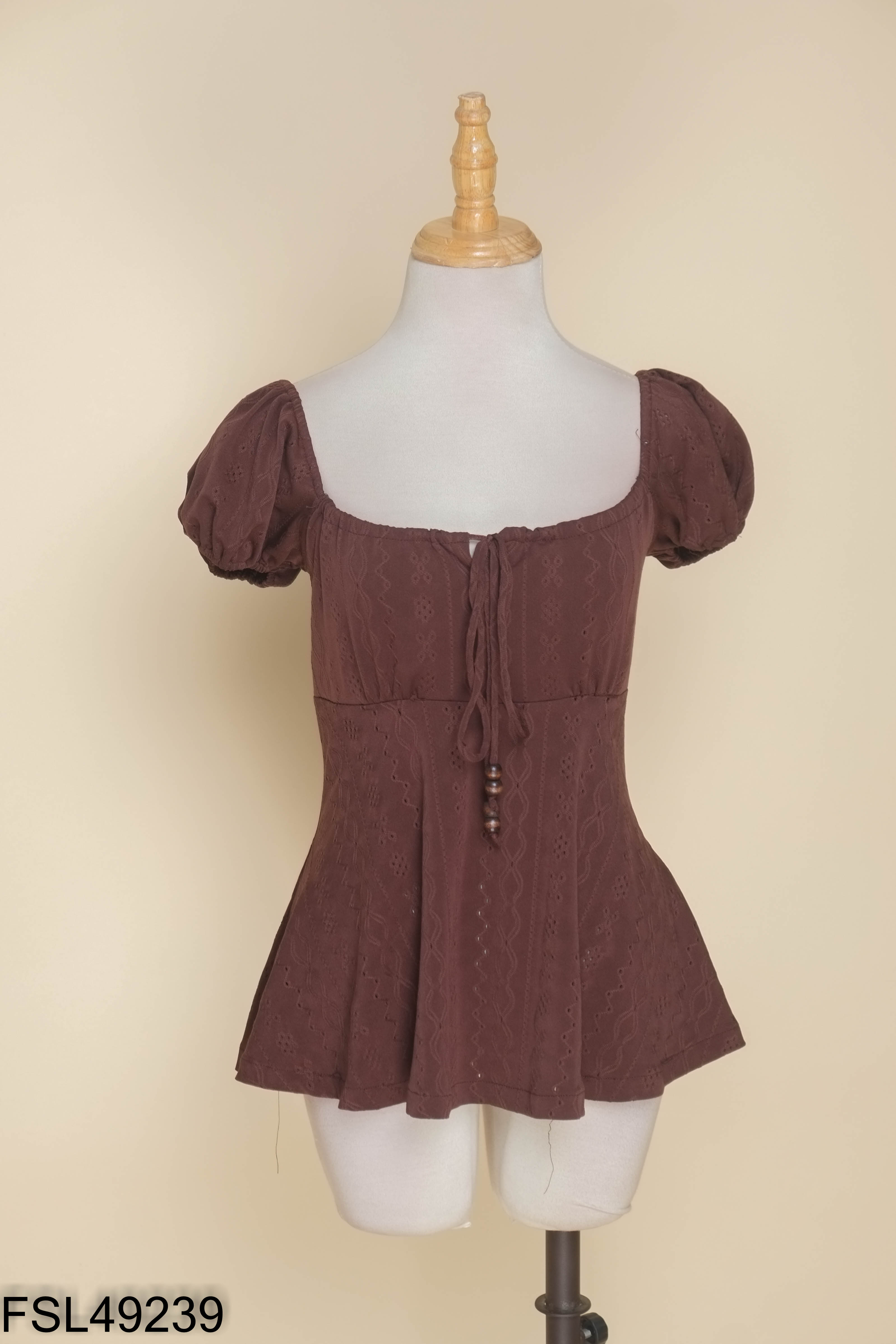 Áo babydoll nâu kiểu phối dây nơ