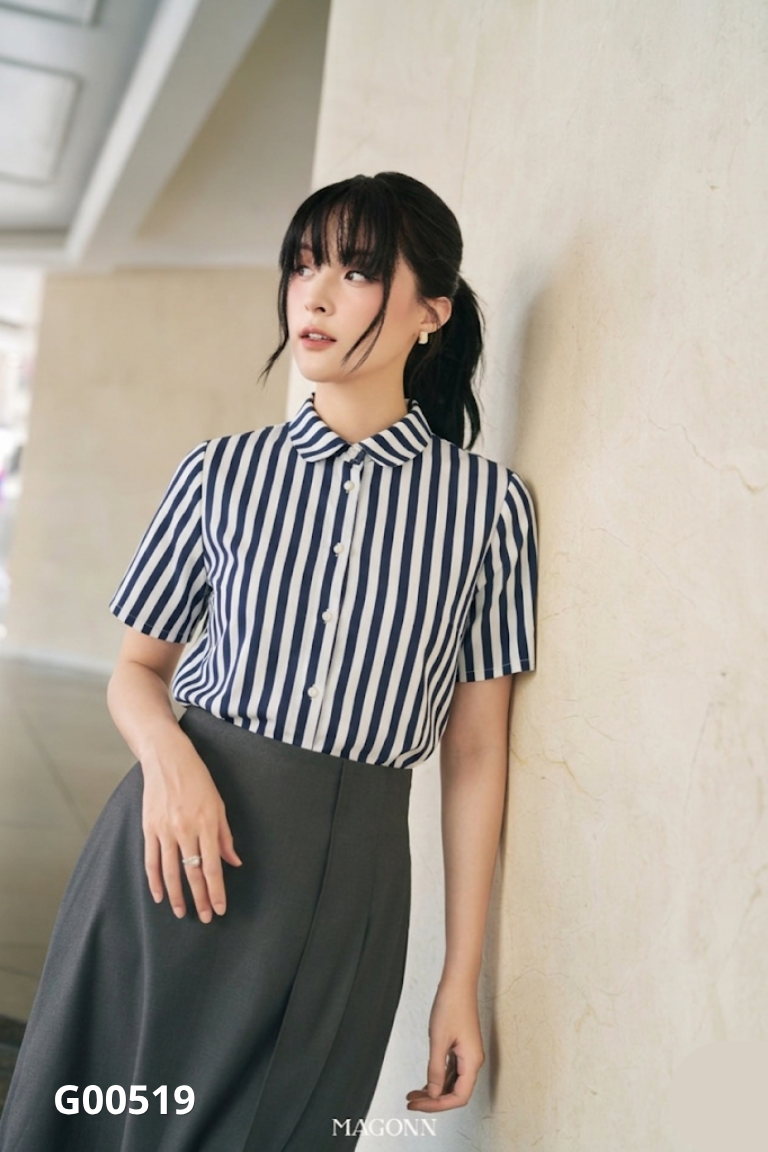 Áo sơ mi trắng kẻ xanh MAGONN cúc ngọc