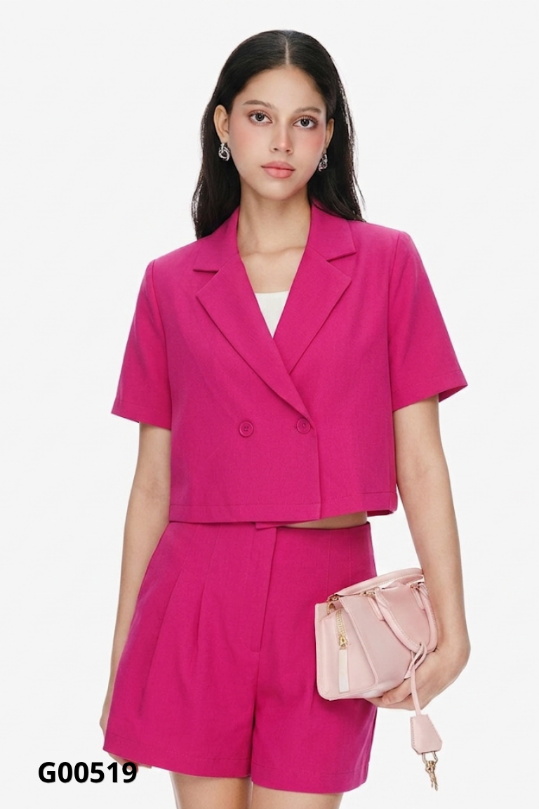 Áo blazer hồng trơn dáng ngắn
