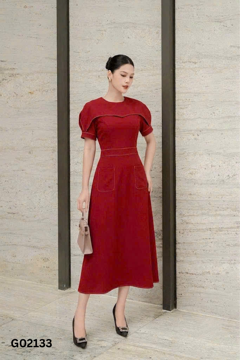 Váy đỏ chỉ trắng POMIE túi