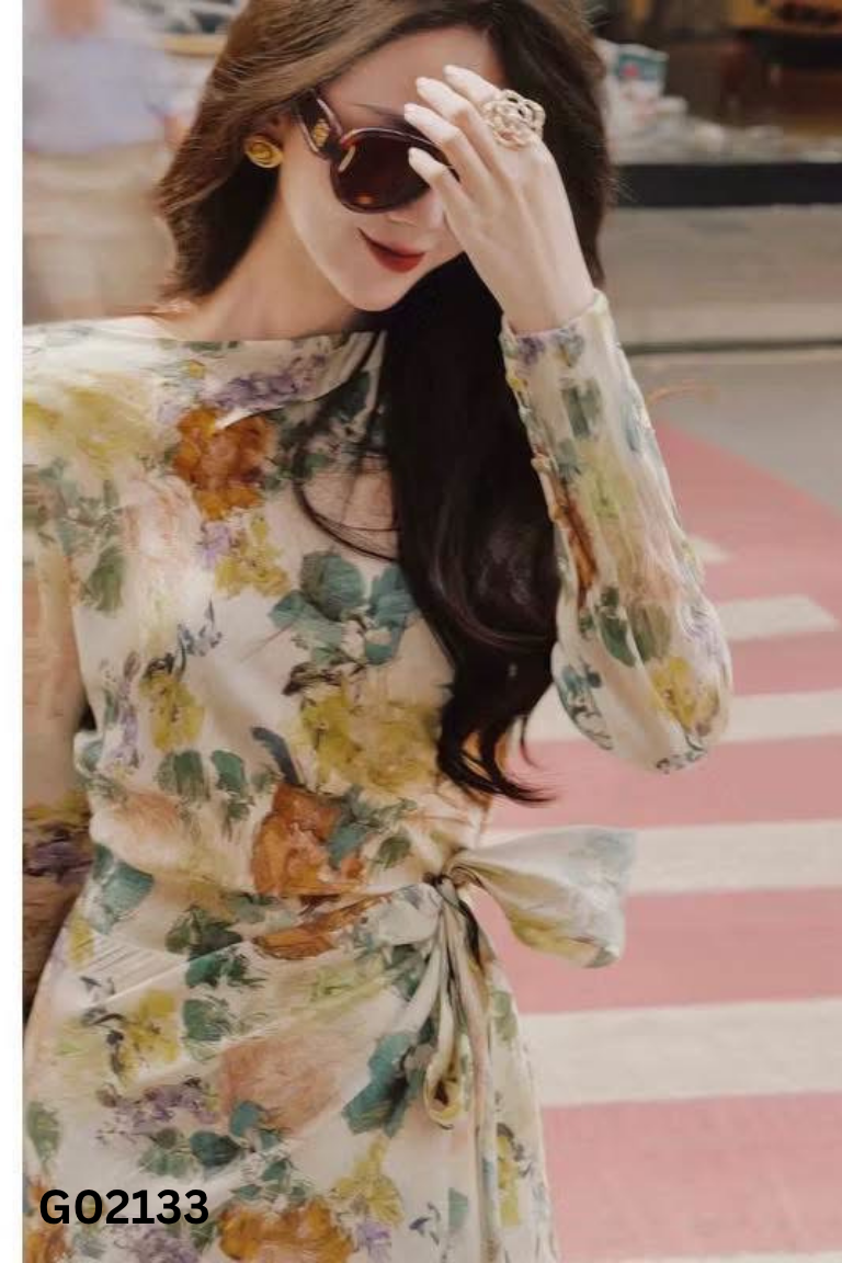 Váy dài xanh hoa tay lửng