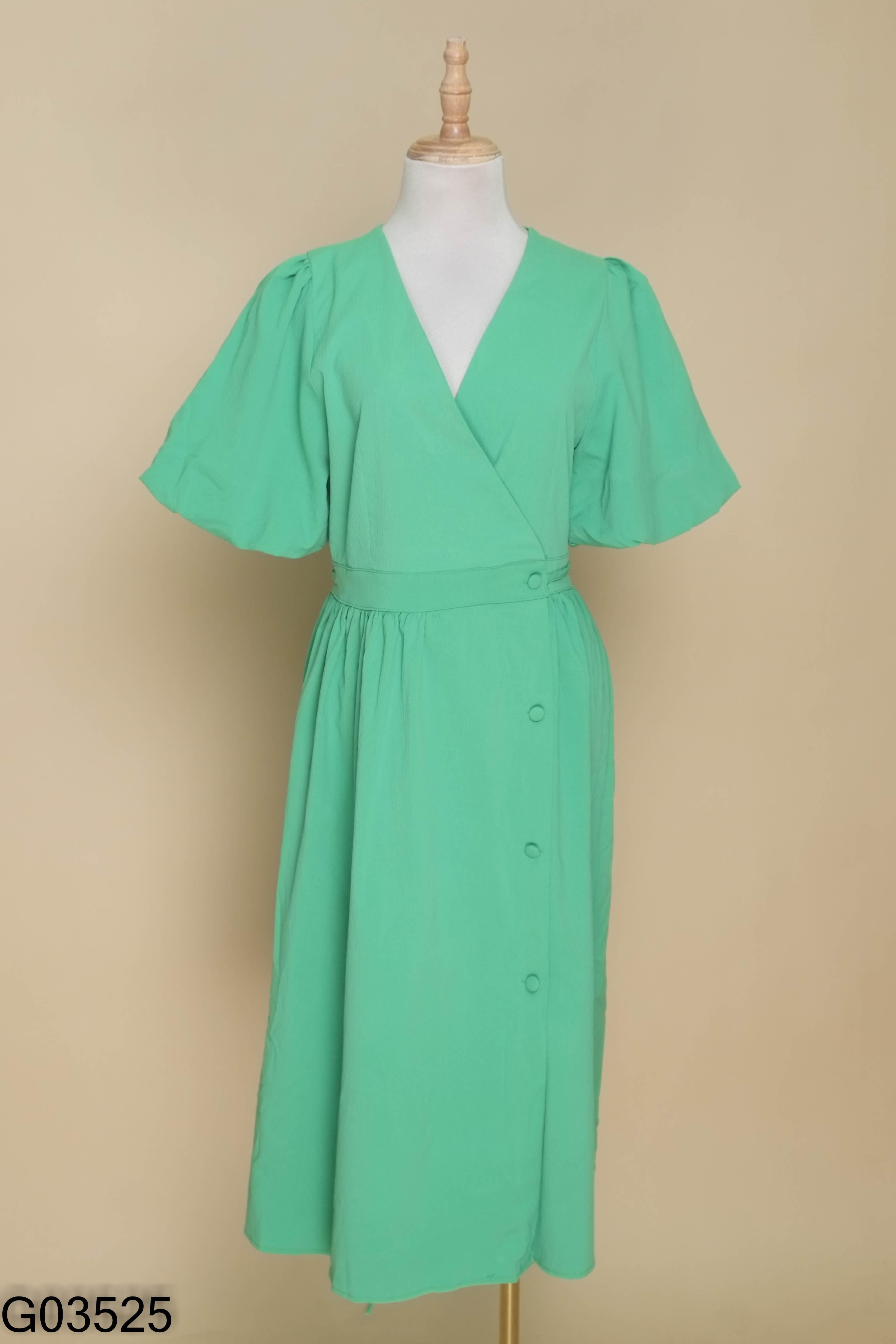 Váy wrap xanh tay phồng