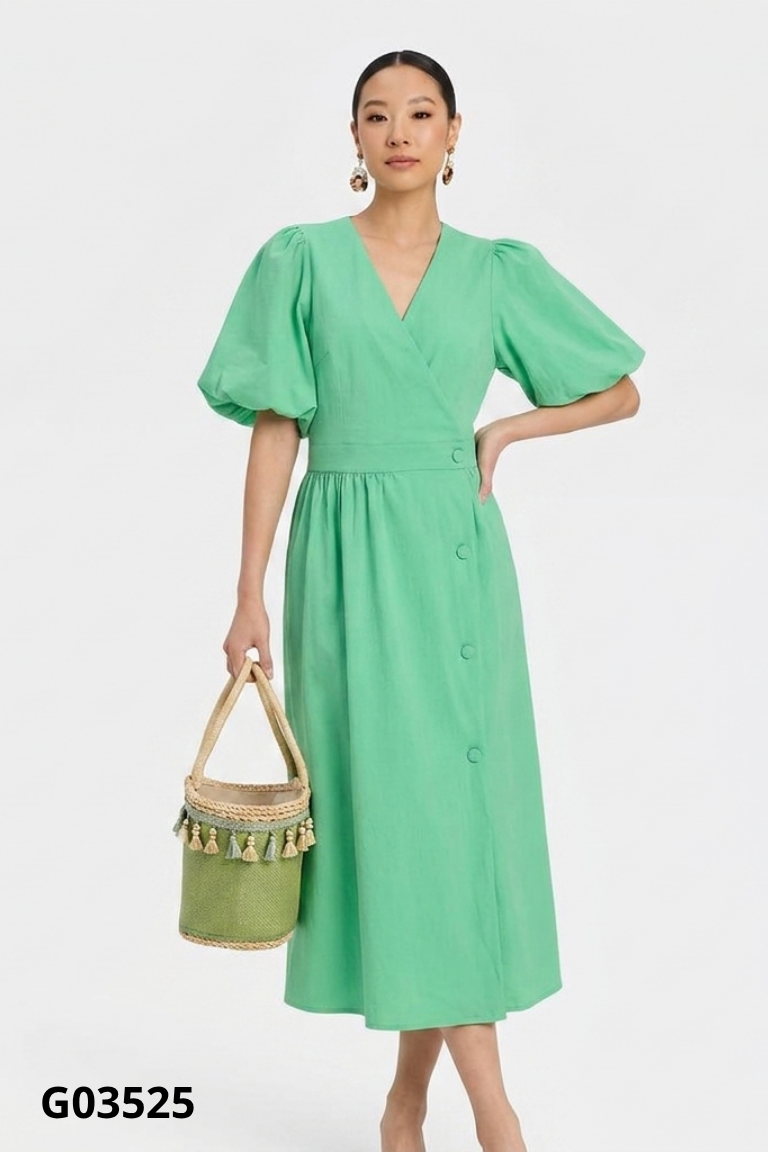 Váy wrap xanh tay phồng