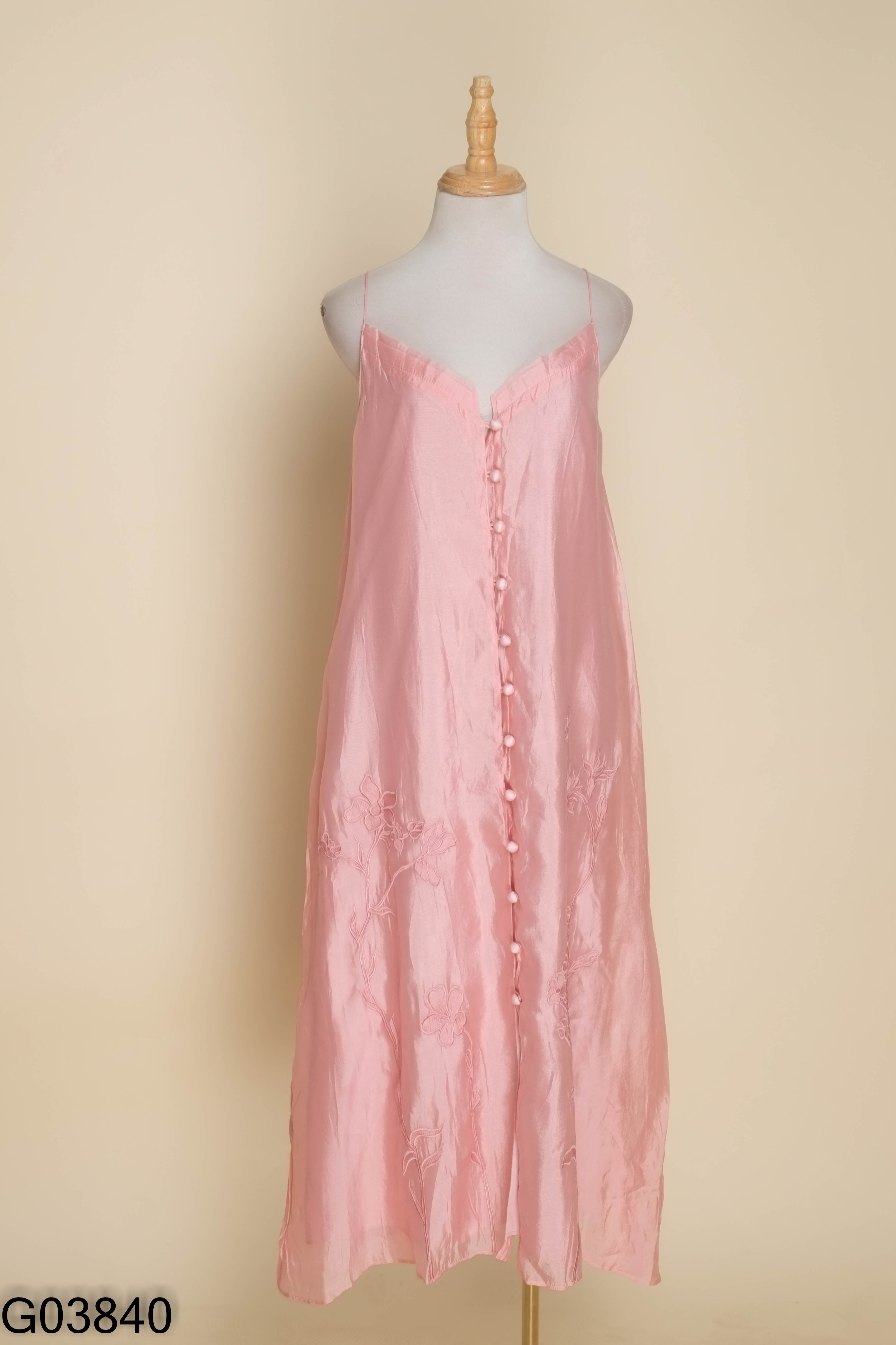 Váy hồng hoa 2 dây cúc bọc