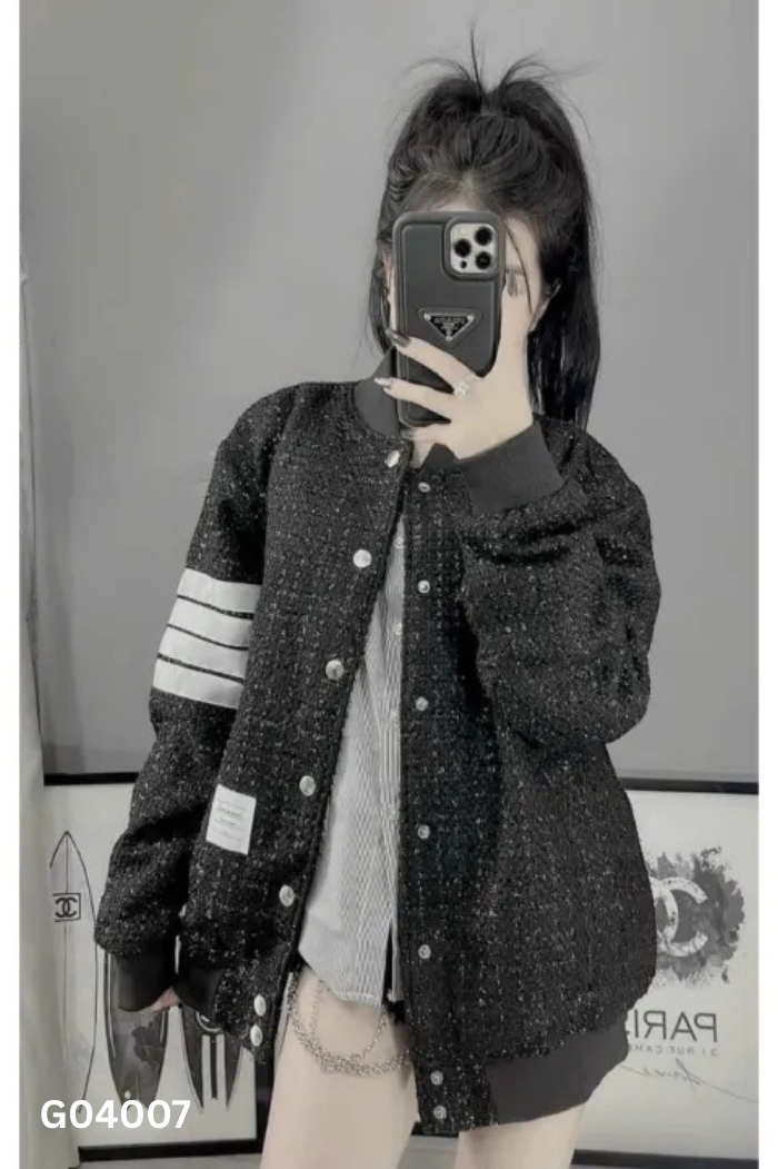 Áo bomber đen dạ tweed viền trắng