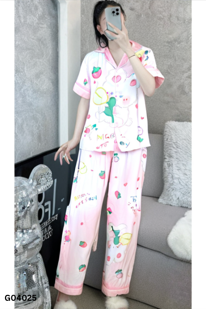 Set Pijama lụa hồng họa tiết