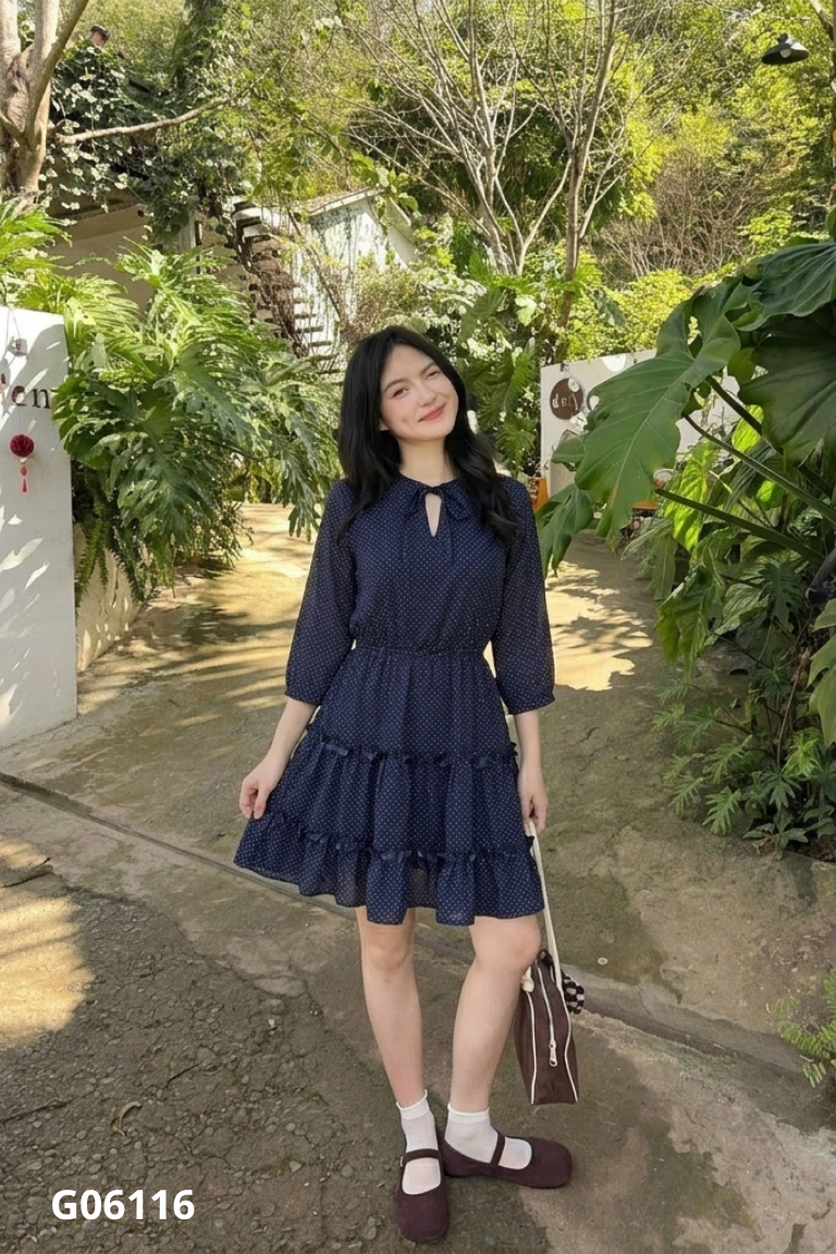 Váy babydoll xanh chấm bi CECI CELA