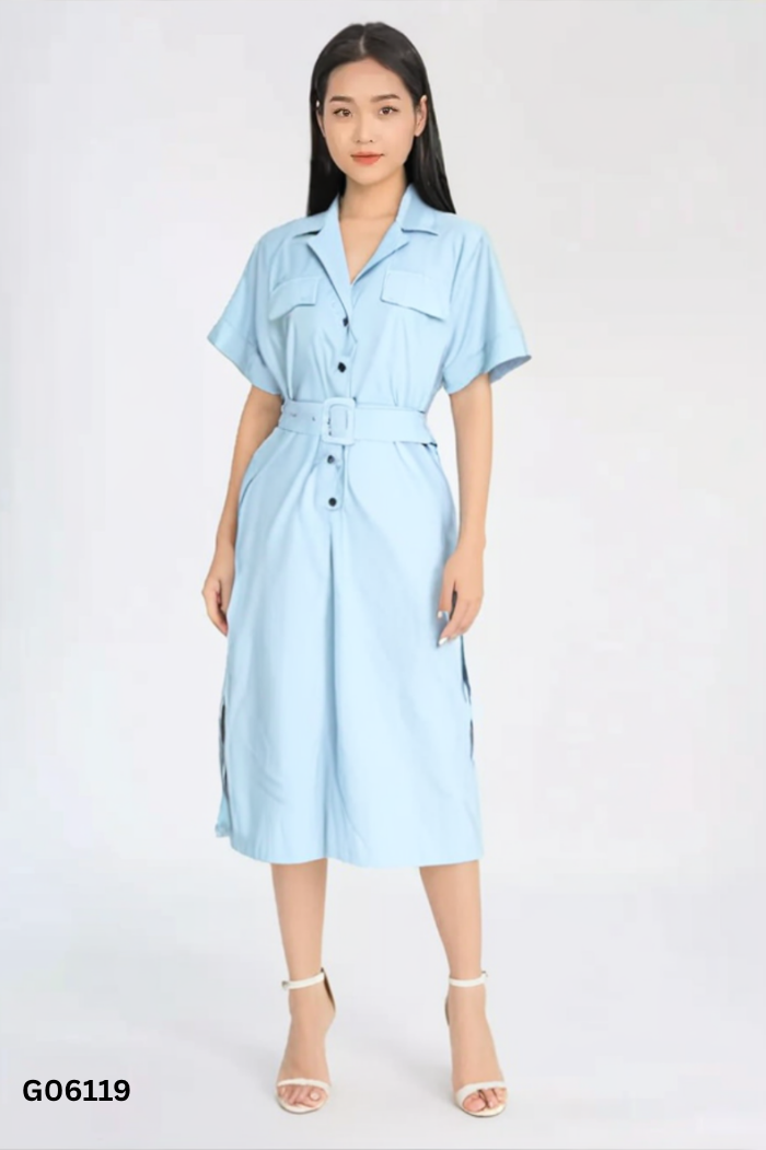Váy cổ vest xanh ngọc