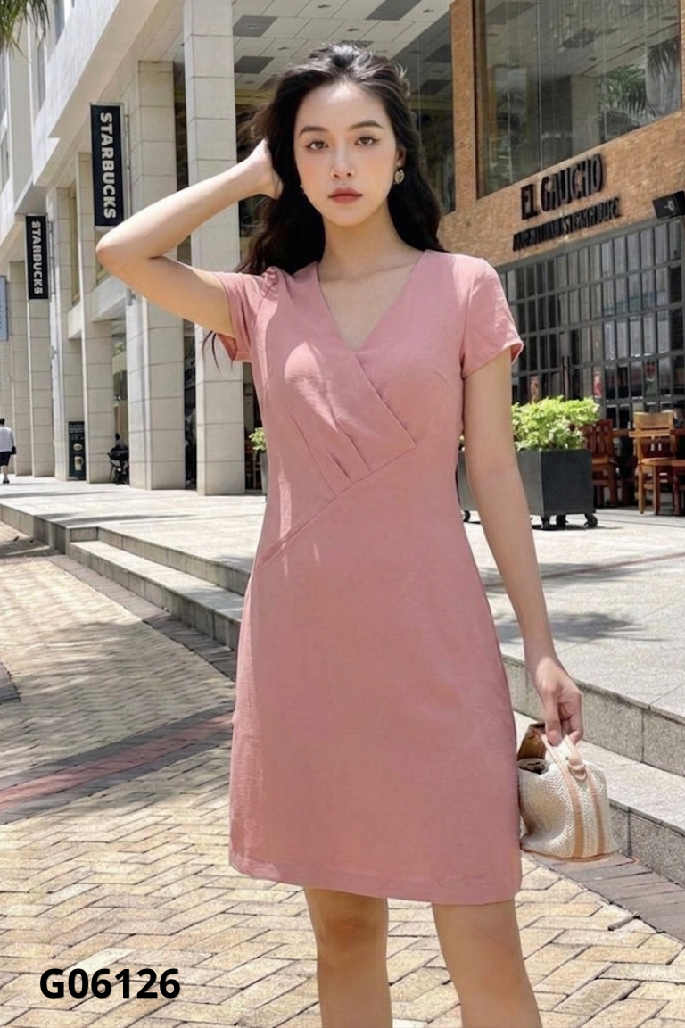 NEWTG Váy hồng đất cổ V
