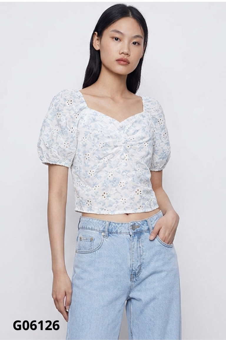 Áo be hoa xanh tay phồng