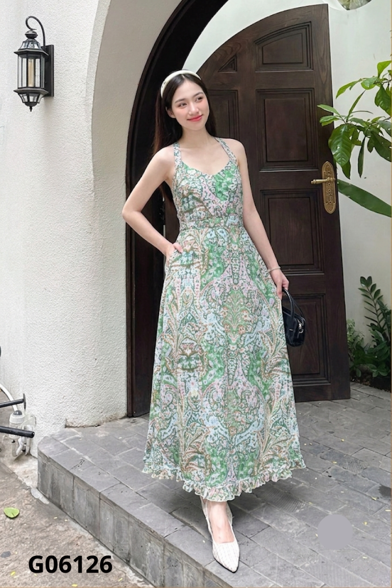 Váy đũi xanh họa tiết