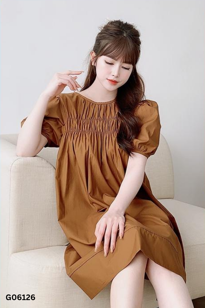 Váy nâu trơn phối chun ngực