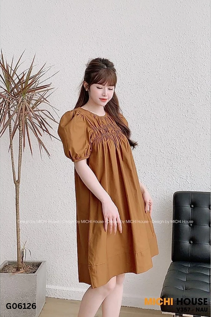 Váy nâu trơn phối chun ngực