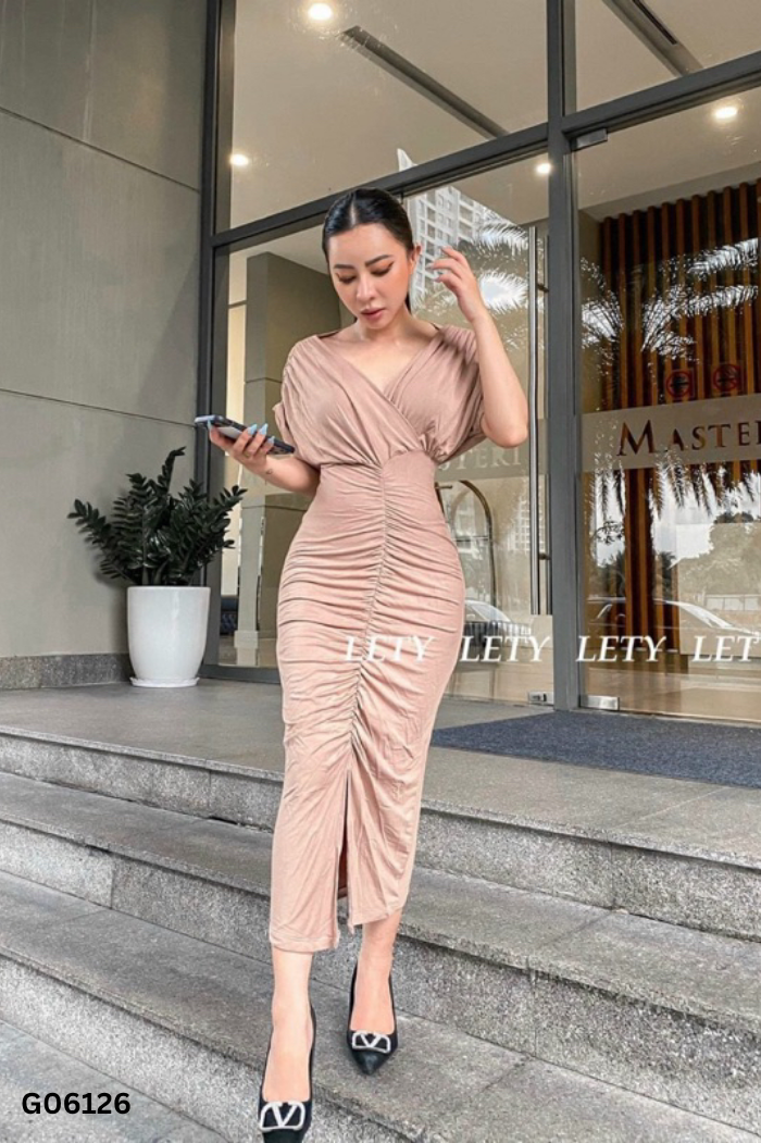 Váy thun nâu cổ V phối nhún