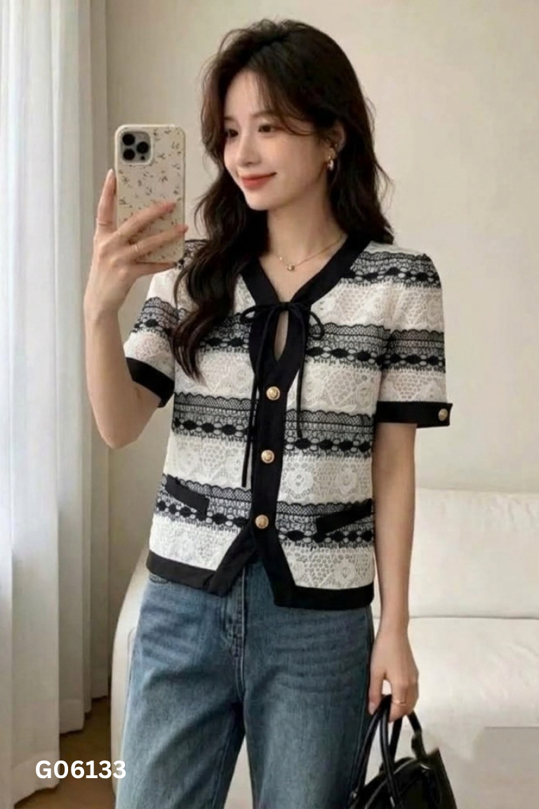 Áo ren trắng phối đen