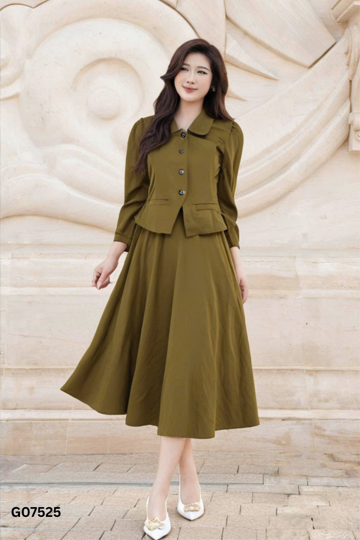 Set ALICE xanh rêu áo + chân váy