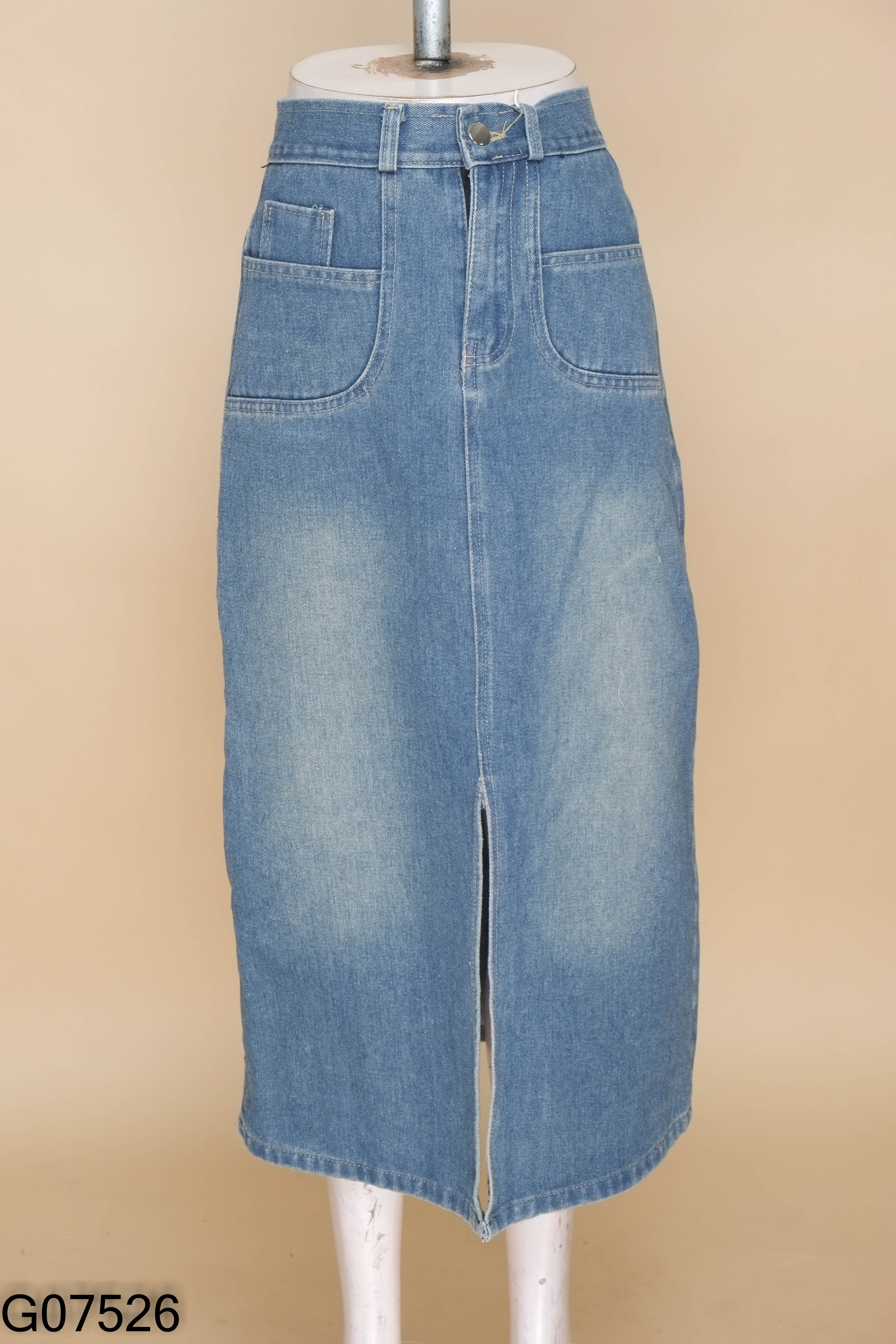 NEWTAG Chân váy jeans xanh xẻ giữa