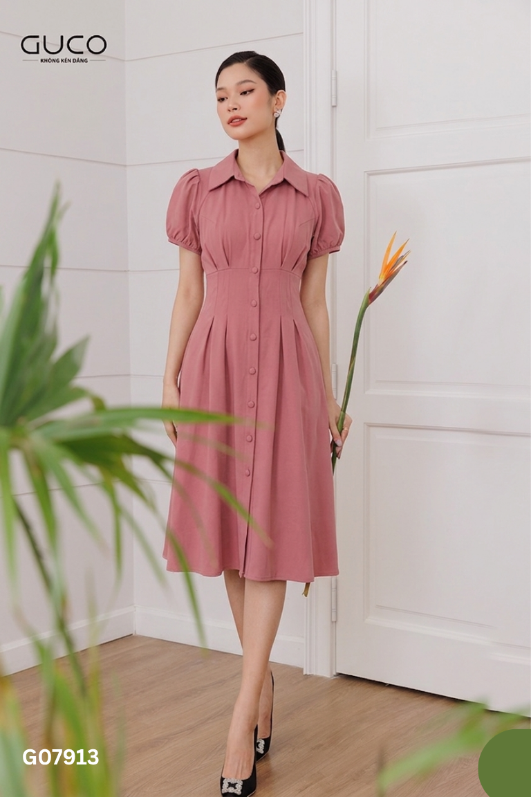 Váy BUENJI hồng cổ sơ mi