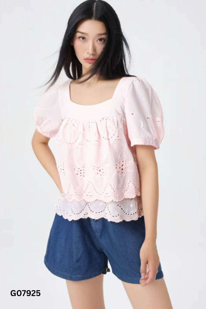 Set Áo hồng cổ vuông + quần shorts jeans xanh