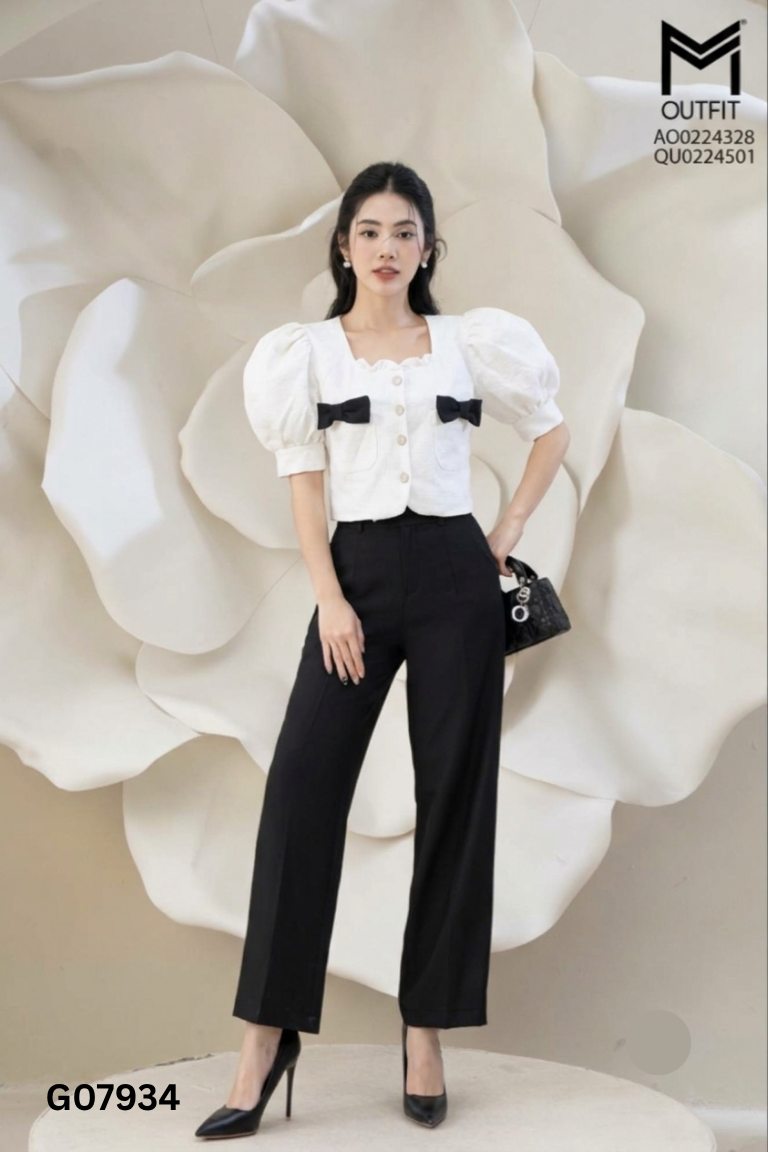 Set Áo trắng nơ đen + Quần dài đen
