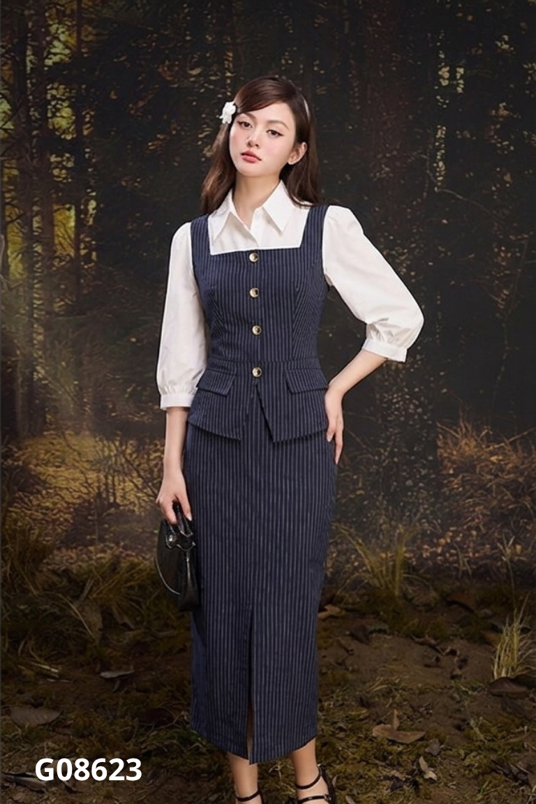 Váy xanh than HELEN sọc phối cổ sơ mi
